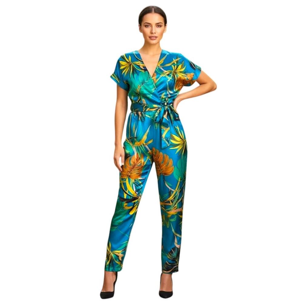 Zara TRF Collection Green Printed Shortsleeve Jumpsuit, M